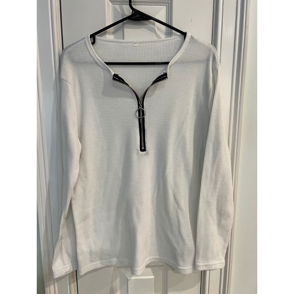 White Waffle Knit Quarter Zip Ring Pull Long Sleeve Top Womens L